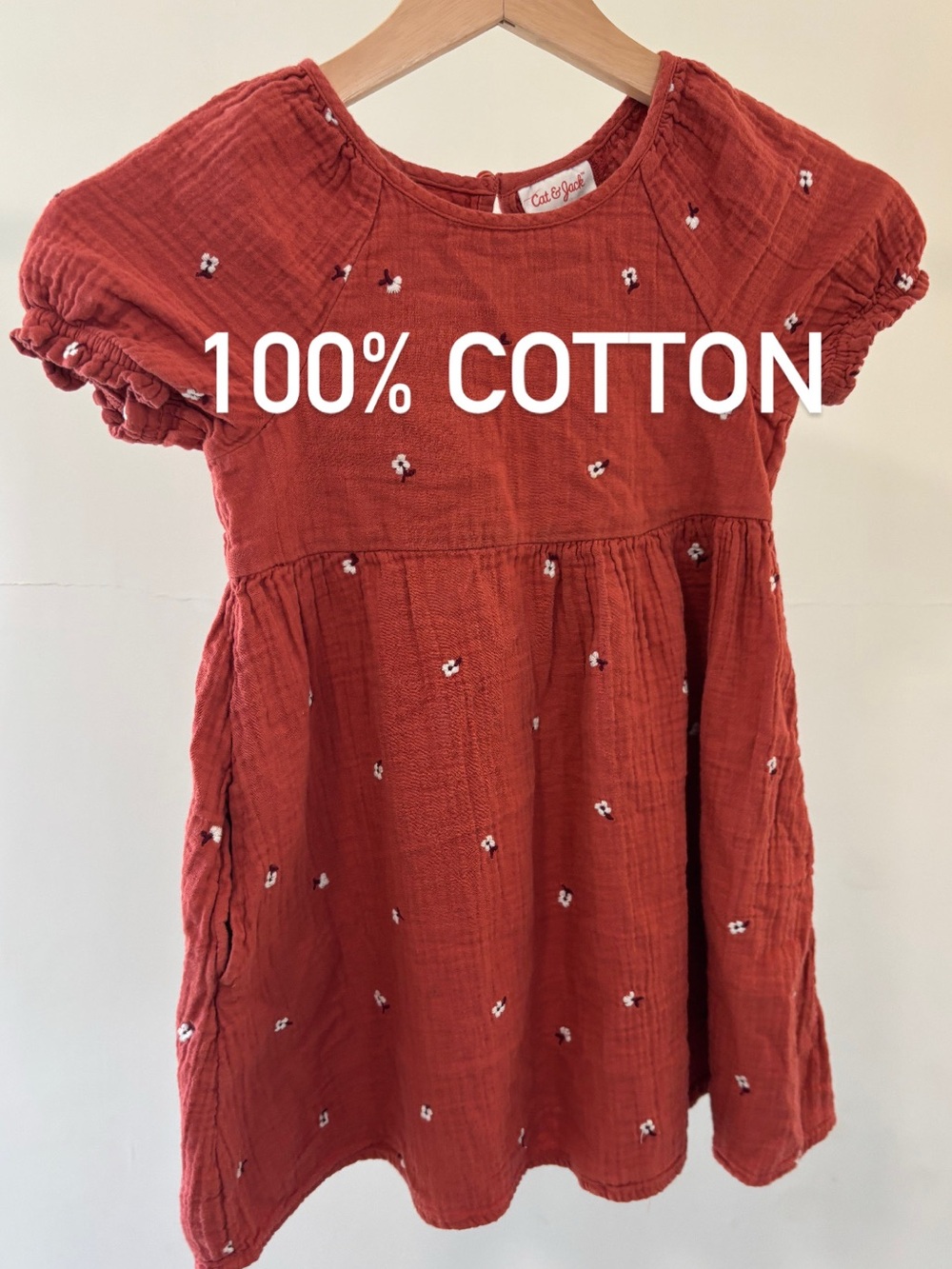 Cat & Jack Rust Red Cotton Dress with White Floral Embroidery | 100% cotton
